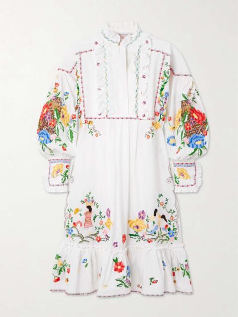 Ruffled embroidered cotton, linen and silk-blend dress White