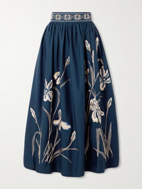 EMPORIO SIRENUSE Ombretta Iris Pleated Embroidered Cotton-blend Poplin Midi Skirt