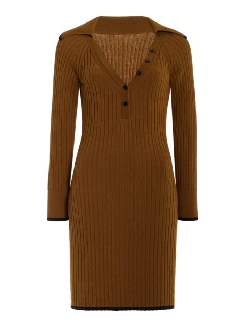 MATTHEW BRUCH Cotton-Blend Ribbed-Knit Mini Polo Dress brown