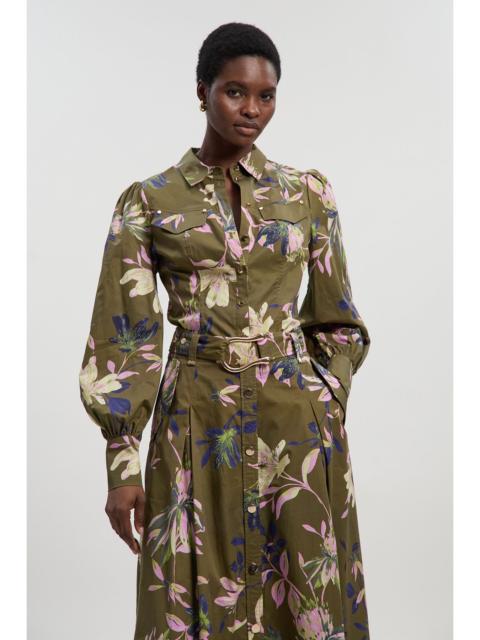 KAREN MILLEN Floral Print Cotton Sateen Woven Volume Sleeve Shirt