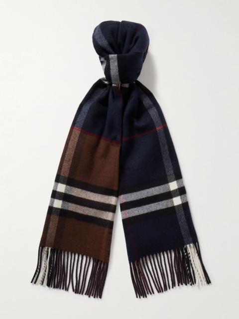 Burberry Fringed checked cashmere scarf Navy