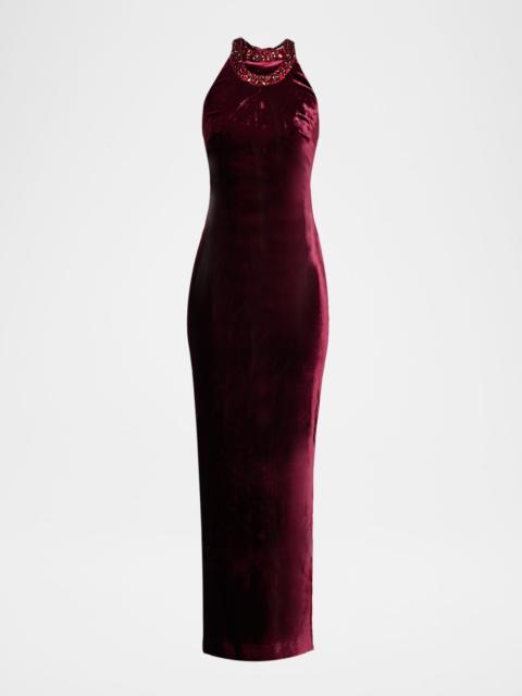 Balmain Crystal Halter Velvet Maxi Dress