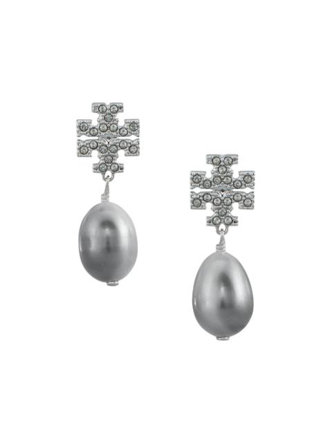 TORY BURCH Women's Goldtone, Crystal & Faux-Pearl Logo Drop Earrings - Tory Silver Pearl