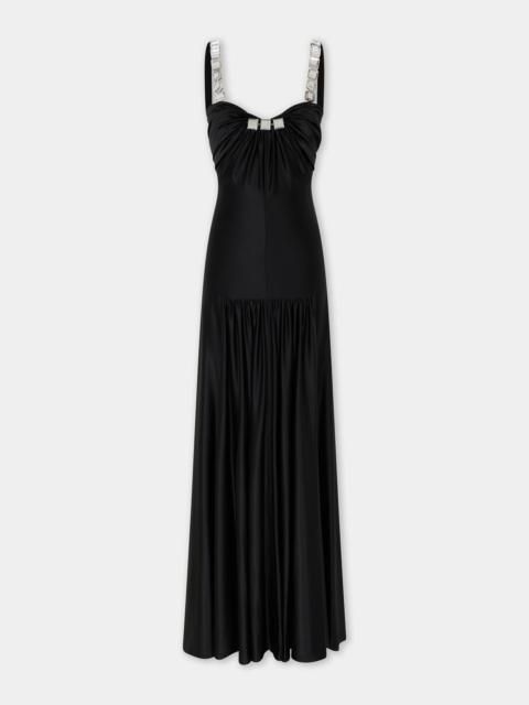rabanne BLACK DRAPED MAXI DRESS WITH MIRROR-EFFECT EMBELLISHMENTS