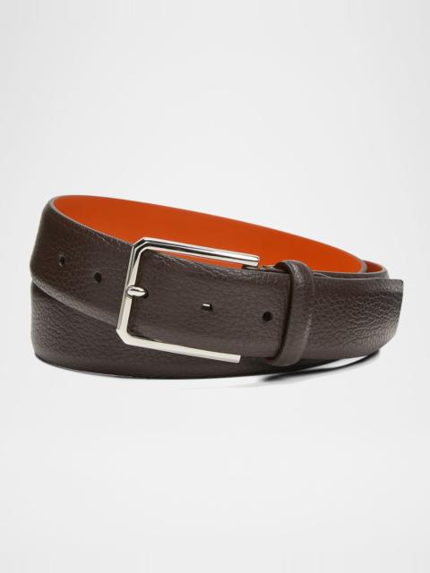 Santoni Men's Rectangle Buckle Grained Leather Belt
