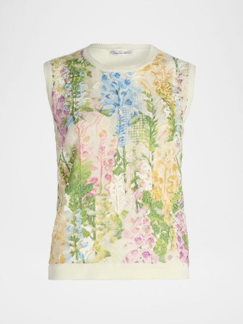 Oscar de la Renta Foxgloves Print Lace-Insert Tank Top