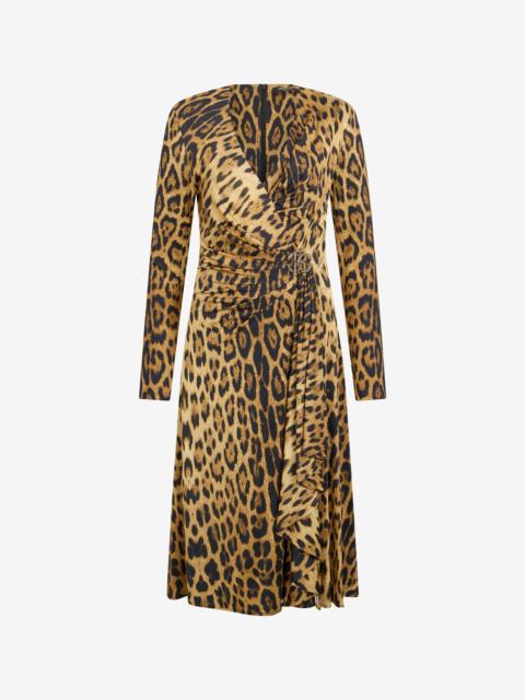 Roberto Cavalli Jaguar Skin Print Wrap Midi Dress