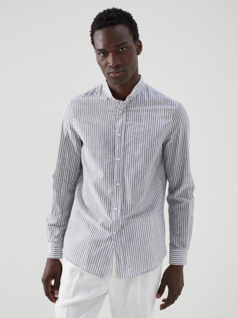 Striped cotton and linen shirt with Mandarin collar and roll-up tab sleeves