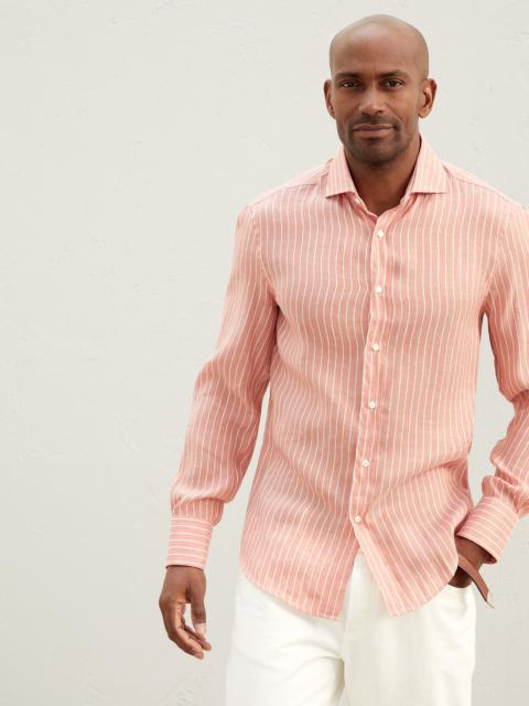 Smooth linen and lyocell striped twill slim fit shirt with spread collar
