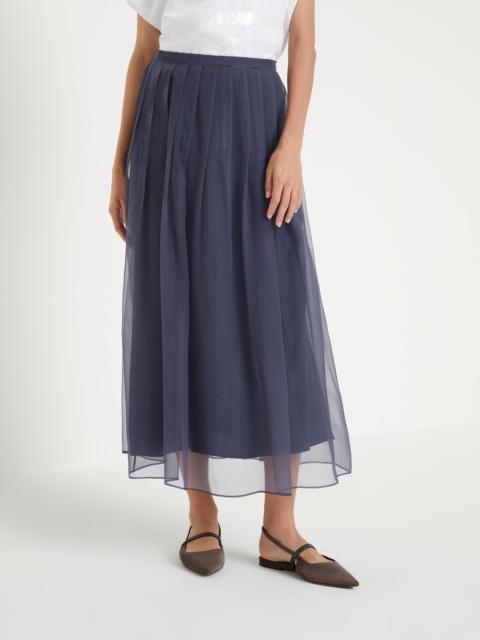 Crispy silk pleated midi skirt with shiny waistband