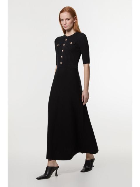 KAREN MILLEN Petite Rib Knit Military Trim Maxi Dress
