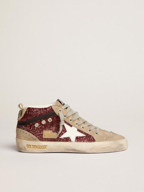Golden Goose Mid Star sneakers in burgundy glitter with dove-gray inserts and white star