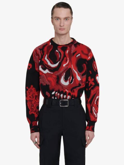Alexander McQueen Men's Wax Flower Skull Jumper in Black/lust Red