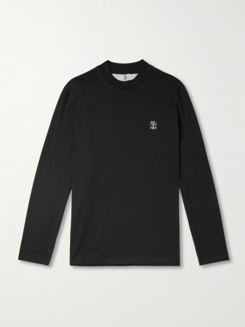 Brunello Cucinelli Logo-Print Cotton-Jersey Mock-Neck T-Shirt