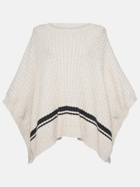 Sequined cable-knit cotton-blend poncho