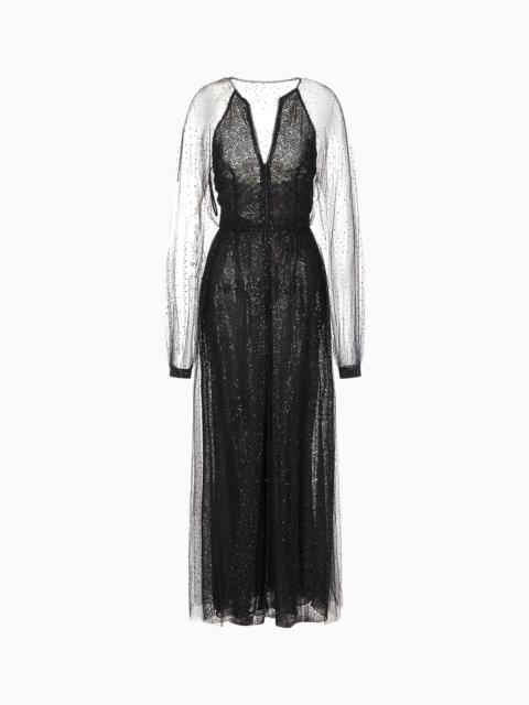 GIORGIO ARMANI Silk and tulle long dress with all-over rhinestones