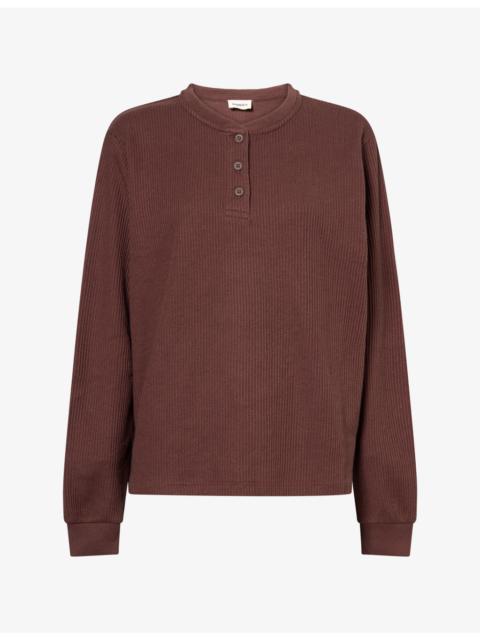 ADANOLA Henley-Collar Ribbed-Knit Cotton-Blend Top