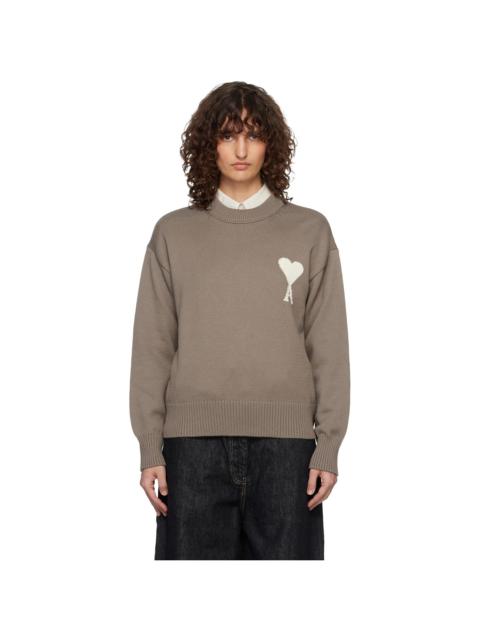 AMI Paris Taupe Wool & Cotton Crewneck Ami de Coeur Sweater