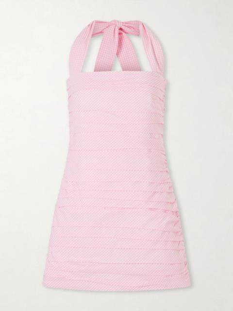 BERNADETTE Tippy ruched checked cotton halterneck mini dress Pink