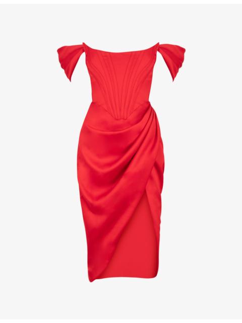 House of CB Loretta off-shoulder satin midi dress