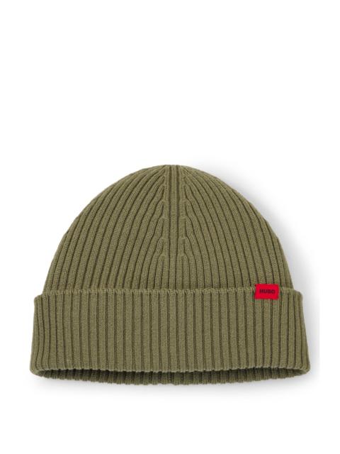 HUGO VIRGIN-WOOL BEANIE WITH LOGO LABEL