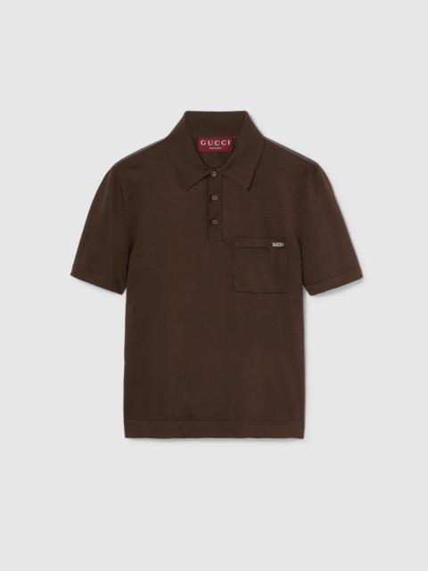 GUCCI Fine silk knit polo top with intarsia