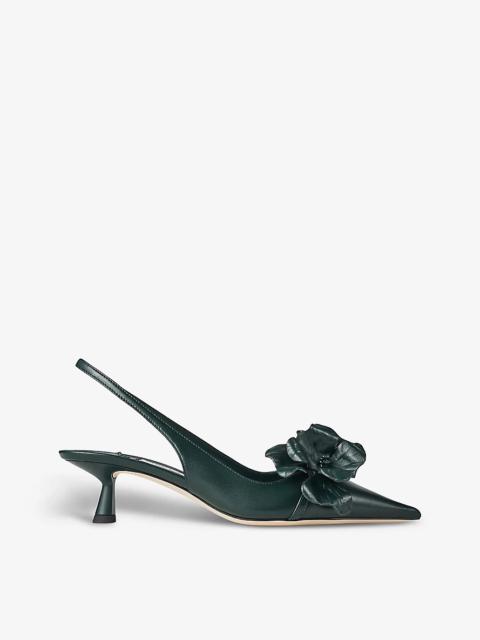 Amita flower-embellished leather heeled slingback courts