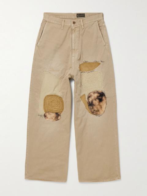 Kapital Katsuragi Port Straight-Leg Patchwork Distressed Cotton-Twill Trousers Neutral
