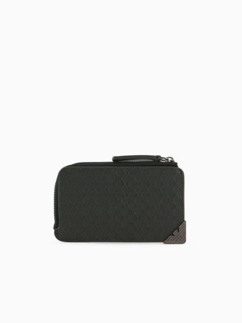 Leather zipped card holder with all-over embossed pattern