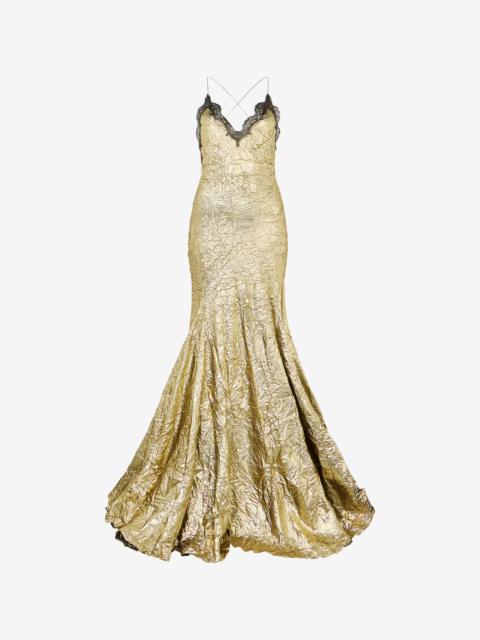 Roberto Cavalli Gold Maxi Dress in Craquelé Silk Blend