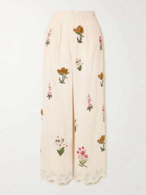 Piñon Prado pleated scalloped embroidered linen wide-leg pants