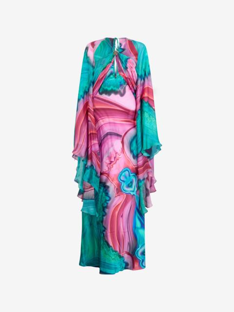 Long silk dress with cut-out and multicolor marble print
