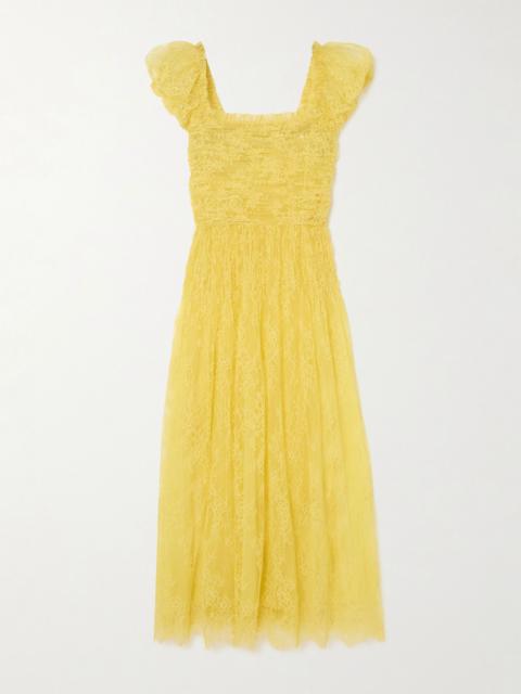 DÔEN Pamelina ruffled shirred lace midi dress Yellow