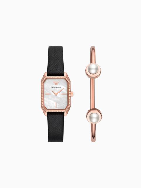 EMPORIO ARMANI Two-hand black leather watch and rose gold-tone stainless steel bracelet set