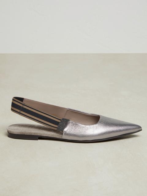Brunello Cucinelli Lamé leather flats with striped strap and monili