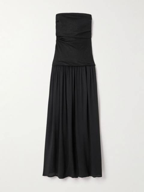 FAITHFULL Hedy strapless gathered linen and voile maxi dress Black