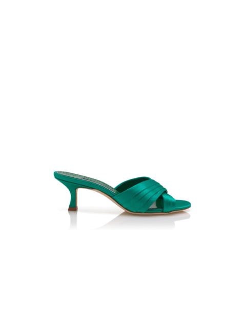 Manolo Blahnik Green Satin Pleated Detail Mules