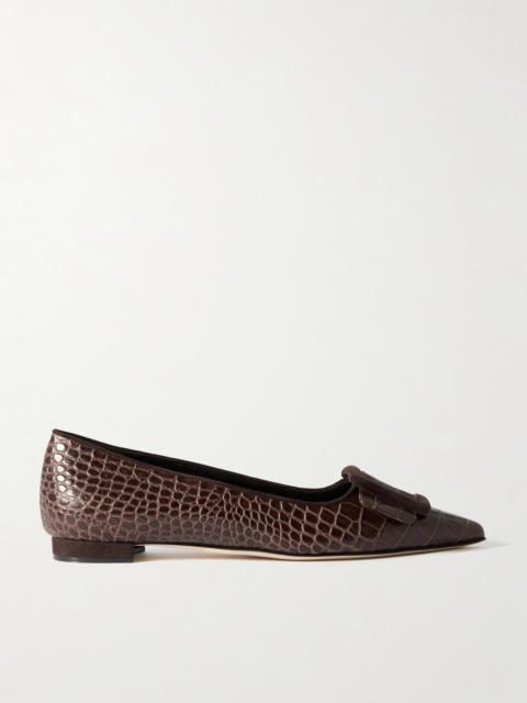 Manolo Blahnik Maysale 10 Buckled Suede-trimmed Croc-effect Leather Point-toe Flats