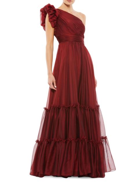 MAC DUGGAL Women's One-Shoulder Tiered Chiffon Gown - Wine