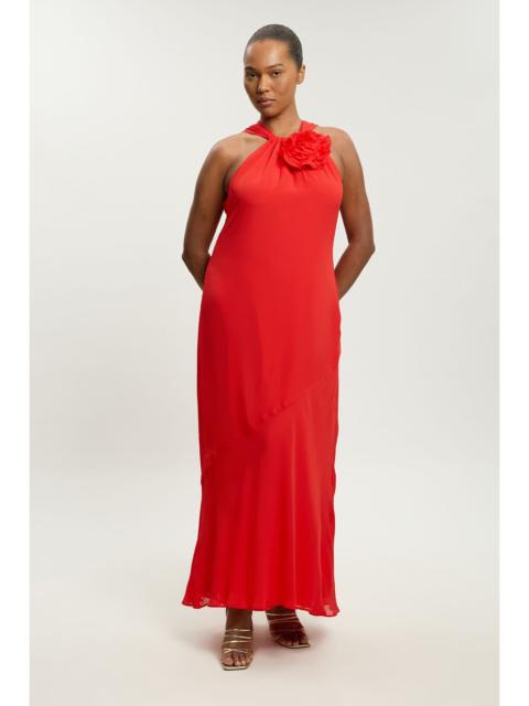 KAREN MILLEN Plus Size Viscose Georgette Rosette Ruffle Halterneck Maxi Dress