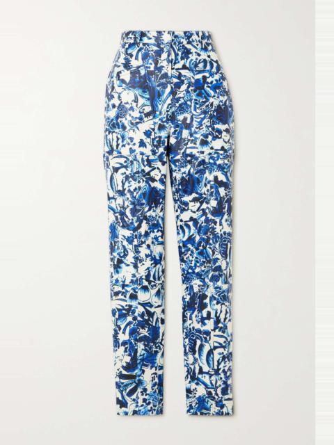 Floral-print leather tapered pants