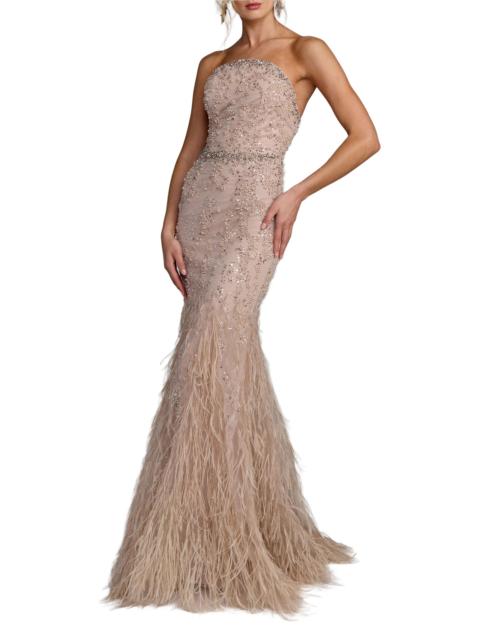 MAC DUGGAL Women's Feather-Trimmed Embellished Mermaid Gown - Champagne