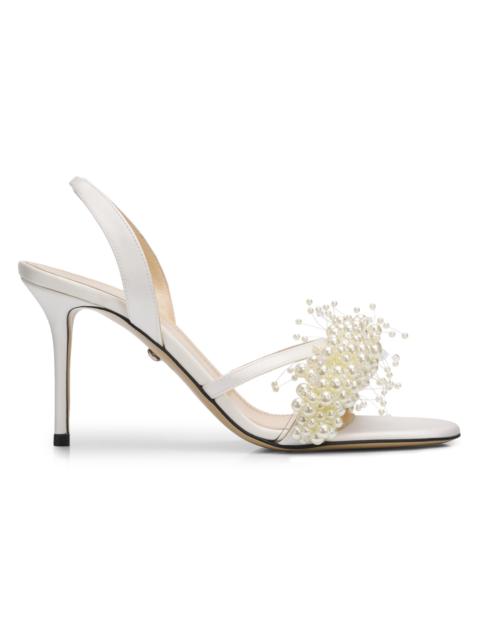 MACH & MACH Women's 85MM Imitation-Pearl-Embellished Satin Sandals - White
