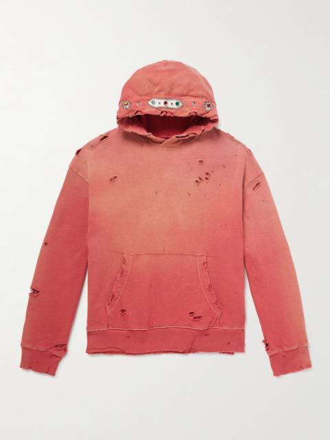 Kapital Embellished Suede-Trimmed Distressed Cotton-Jersey Hoodie