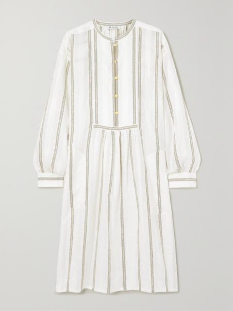 Loro Piana Pleated Striped Linen Midi Dress
