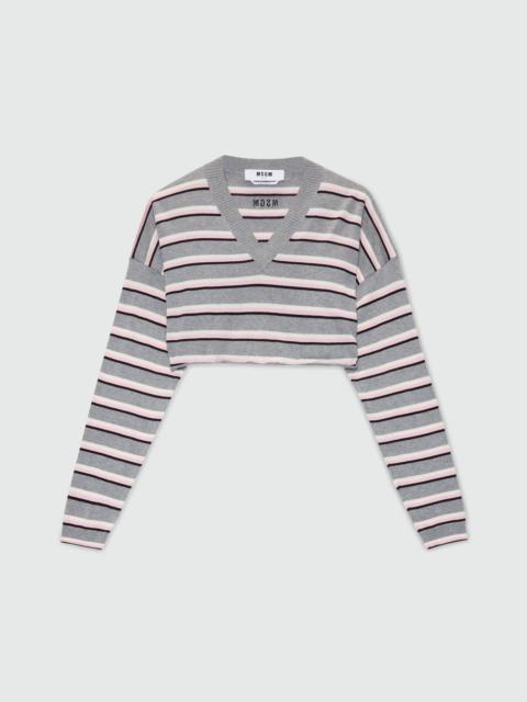 MSGM Cropped horizontal striped knit sweater.