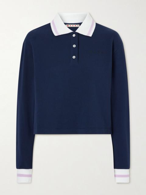 Marni Striped embroidered cotton-piqué polo shirt Navy