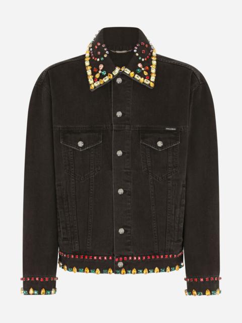Black denim jacket with crystal embellishment