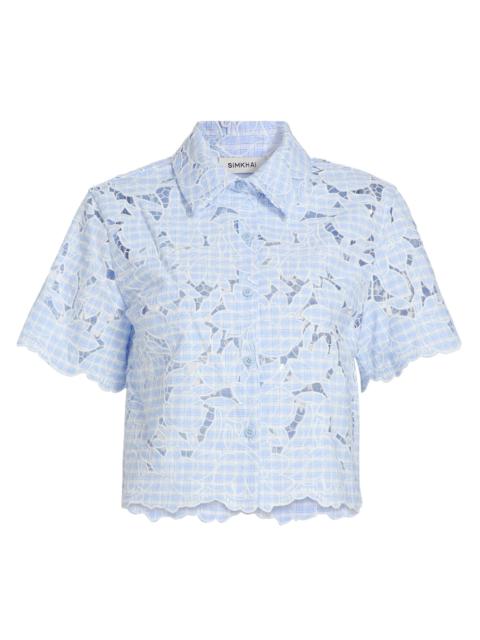SIMKHAI Women's Ryett Checked Laser-Cut Floral Crop Shirt - Periwinkle Sky Multi