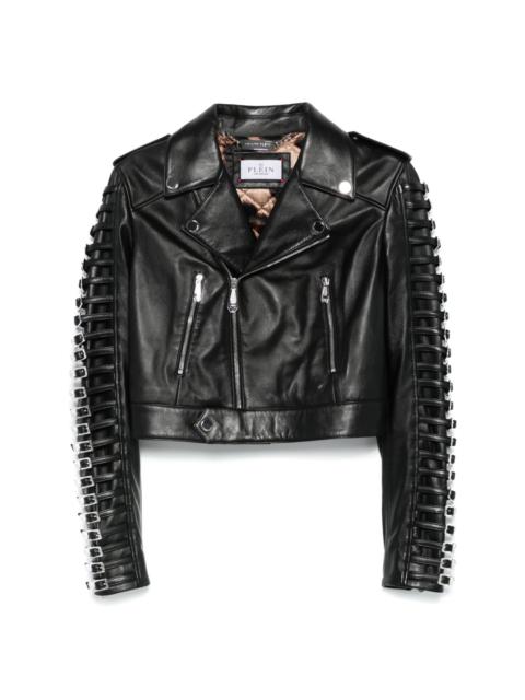 crystal-buckle biker jacket